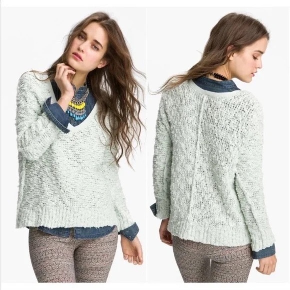 Free People Songbird Popcorn Pullover Sweater Aqua Size Medium - Picture 2 of 8